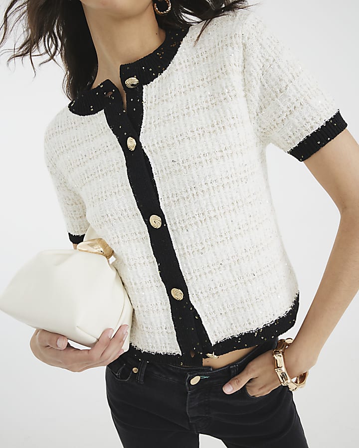 White Boucle Short Sleeve Cardigan