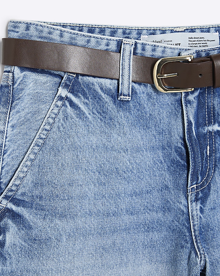 Petite Blue Belted Wide Leg Baggy Jeans