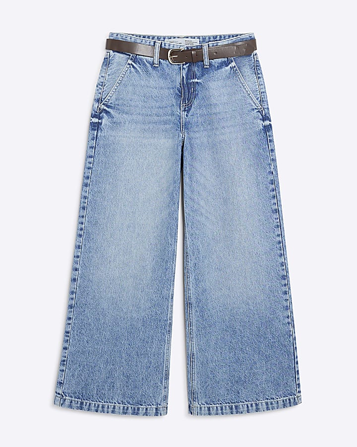 Petite Blue Belted Wide Leg Baggy Jeans