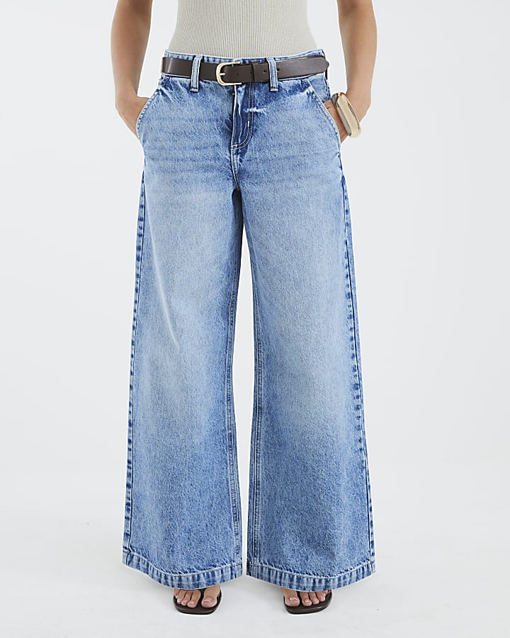Petite Blue Belted Wide Leg Baggy Jeans