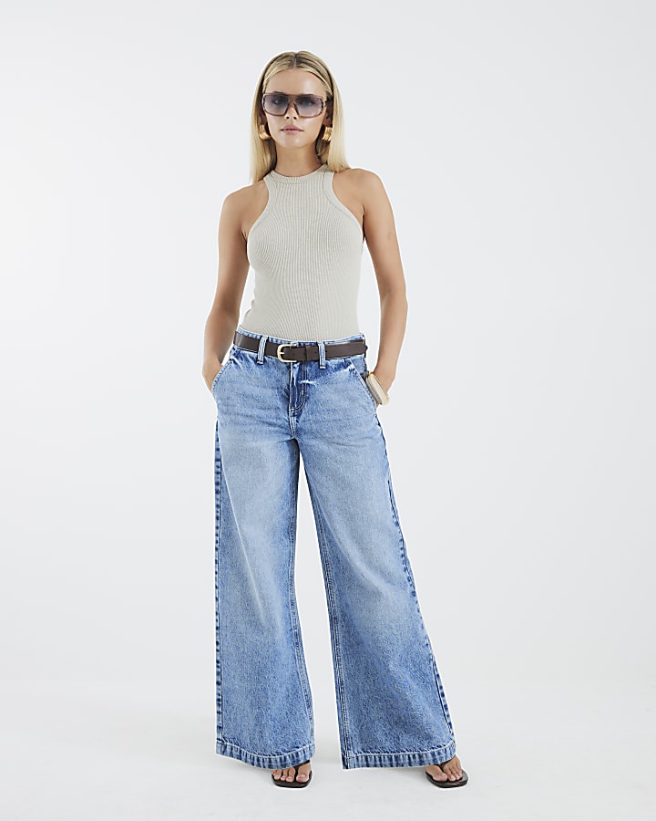 Petite Blue Belted Wide Leg Baggy Jeans