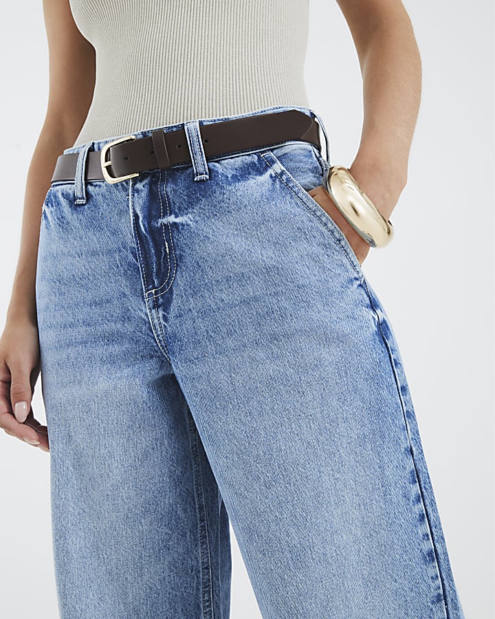 Petite Blue Belted Wide Leg Baggy Jeans