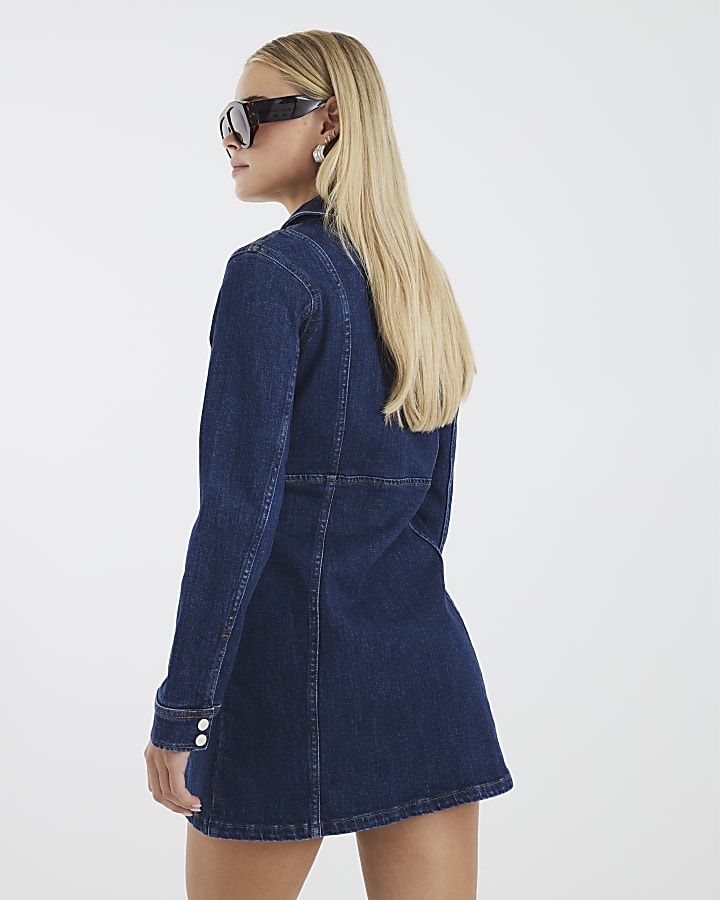 Petite Blue Denim Zip Front Mini Dress