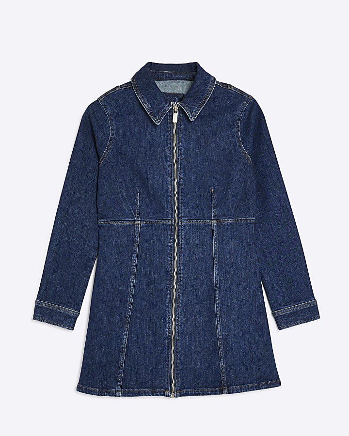 Petite Blue Denim Zip Front Mini Dress