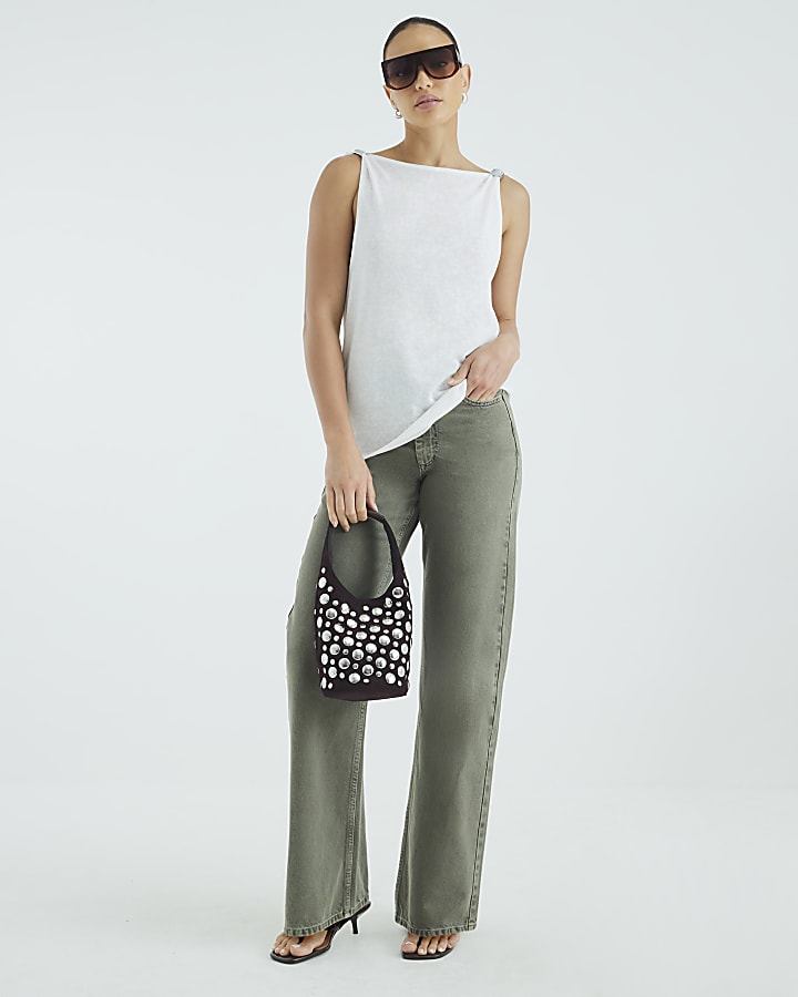 Khaki High Rise Relaxed Straight Leg Jeans