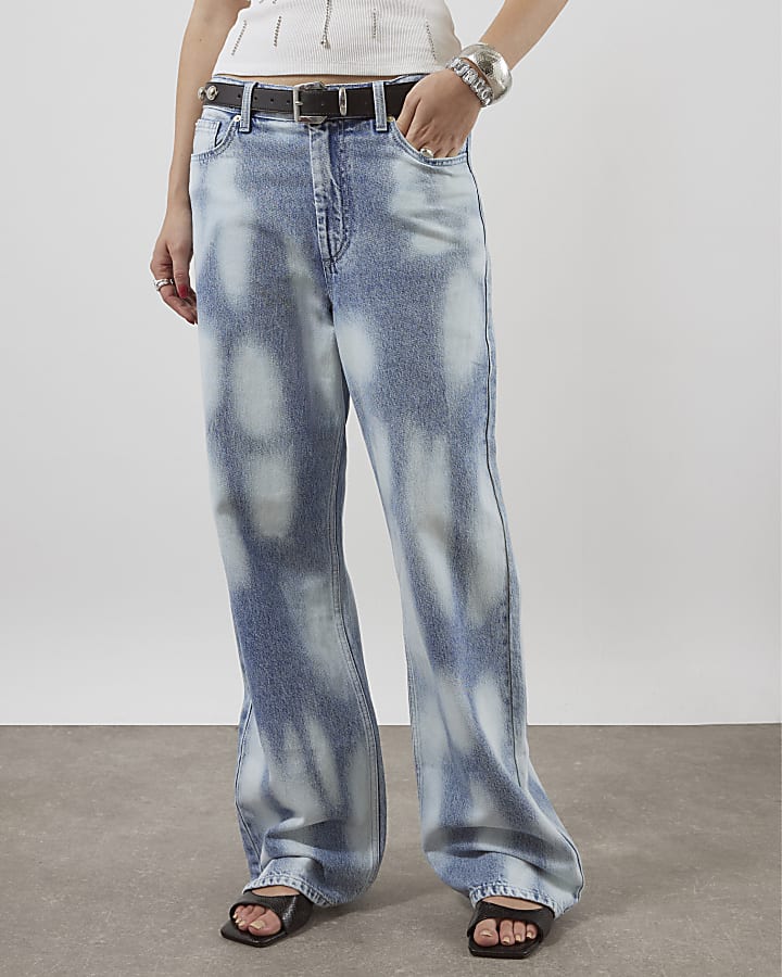 Blue High Rise Relaxed Straight Leg Jeans