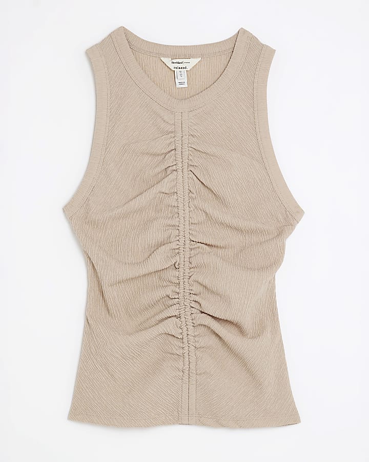 Beige Ruched Textured Tank Top