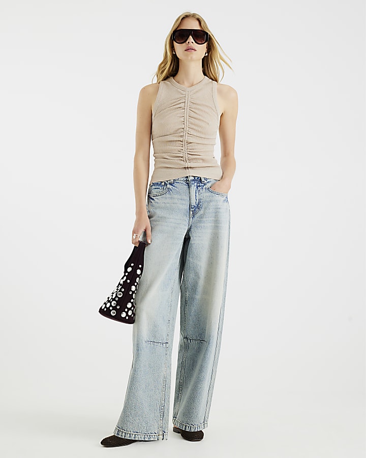 Beige Ruched Textured Tank Top