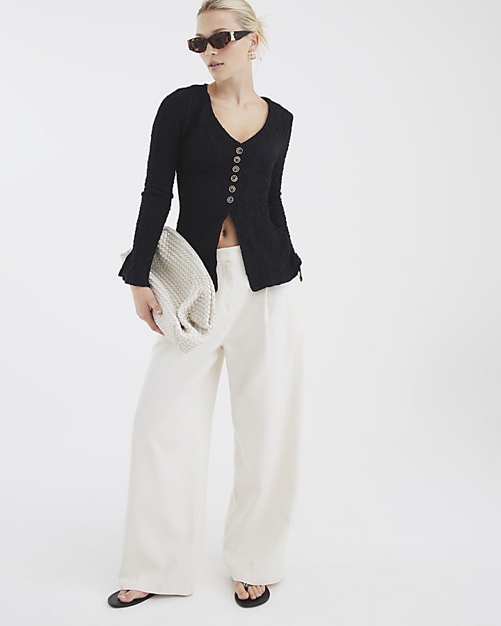 Black Long Sleeve Textured Button Top
