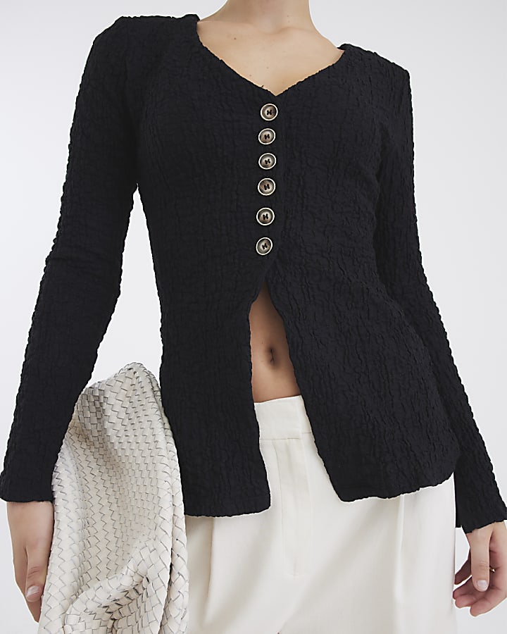 Black Long Sleeve Textured Button Top