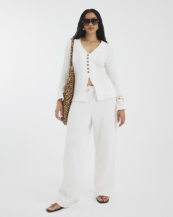 Cream Long Sleeve Textured Buttoned Top