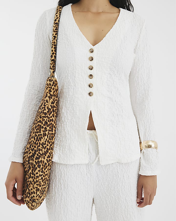 Cream Long Sleeve Textured Buttoned Top