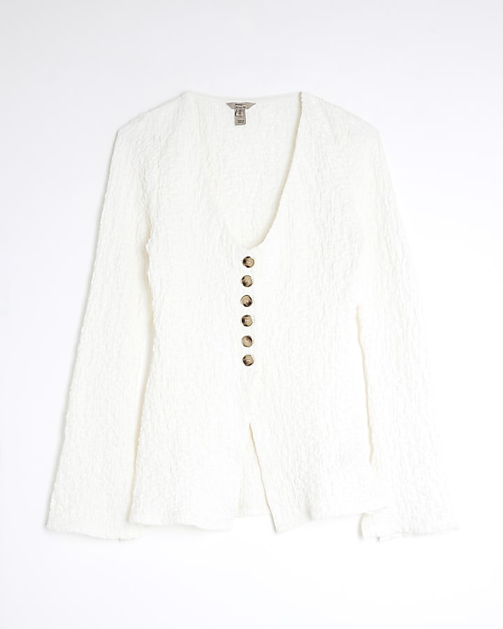 Cream Long Sleeve Textured Buttoned Top