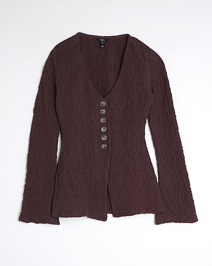 Red Long Sleeve Textured Buttoned Top