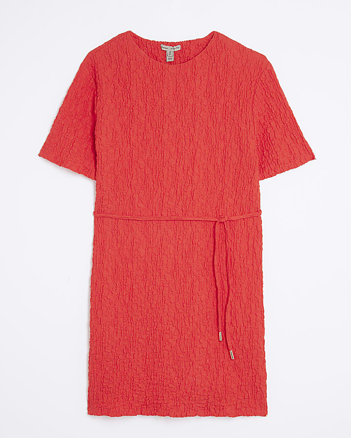 Red Short Sleeve Textured T-shirt Dress