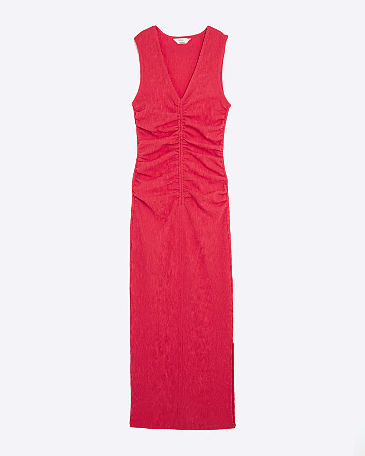 Red Sleeveless Ruched Textured Midi Dress