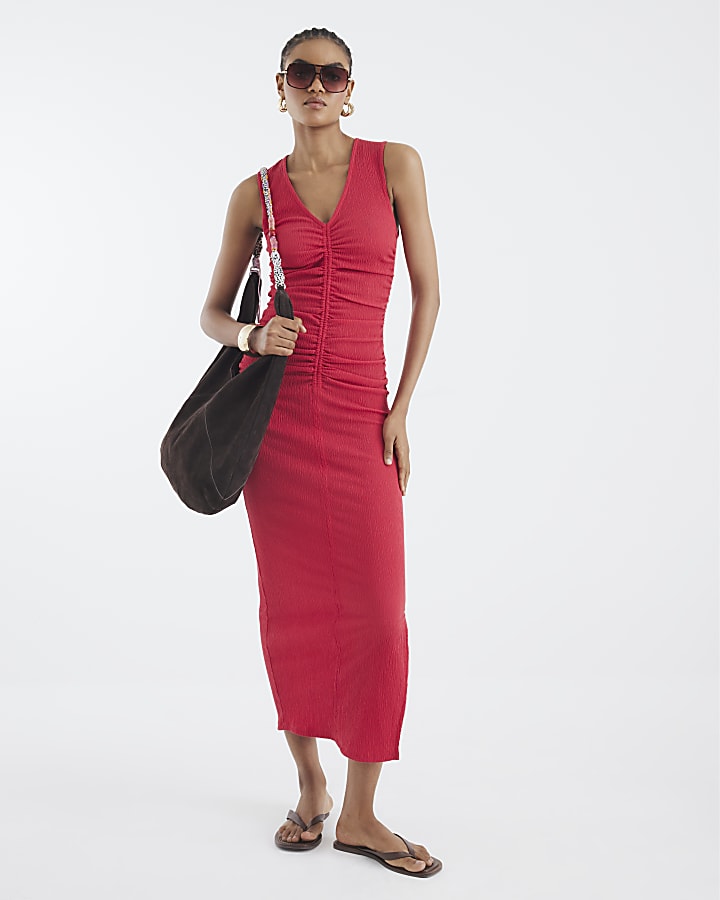 Red Sleeveless Ruched Textured Midi Dress