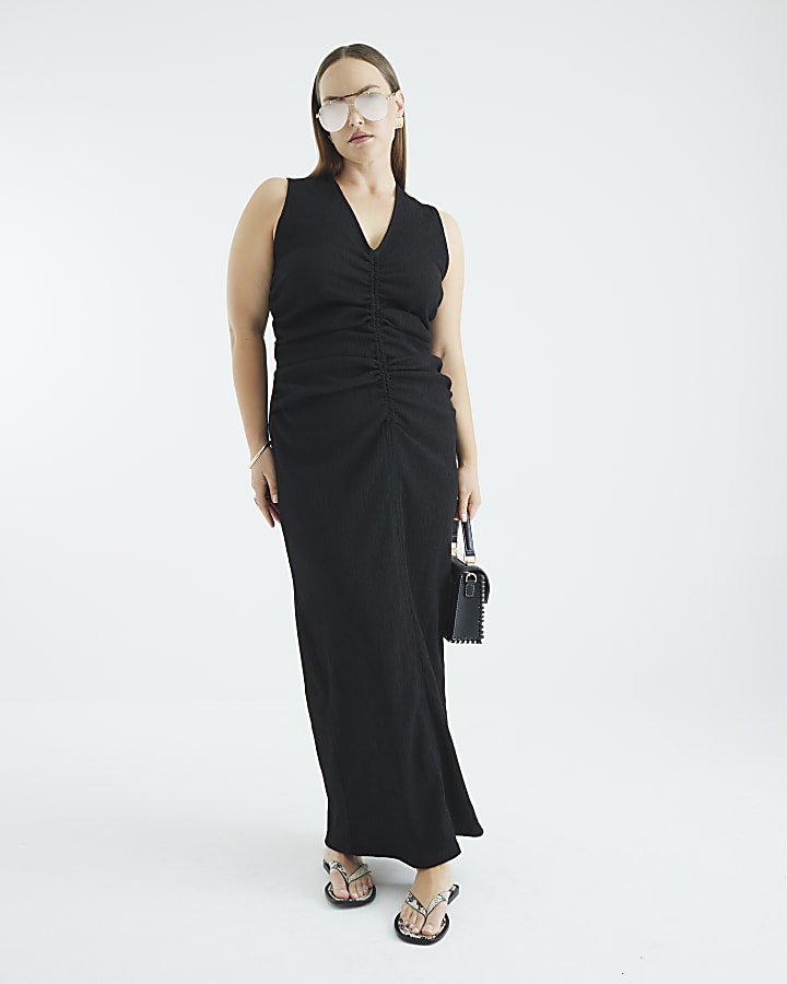 Black Sleeveless Ruched Textured Midi Dress