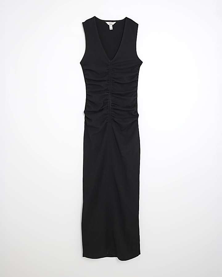 Black Sleeveless Ruched Textured Midi Dress