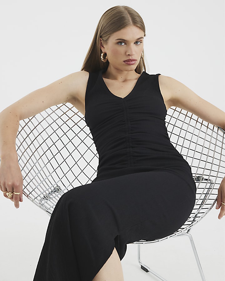 Black Sleeveless Ruched Textured Midi Dress
