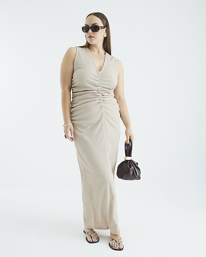 Beige Sleeveless Ruched Textured Midi Dress