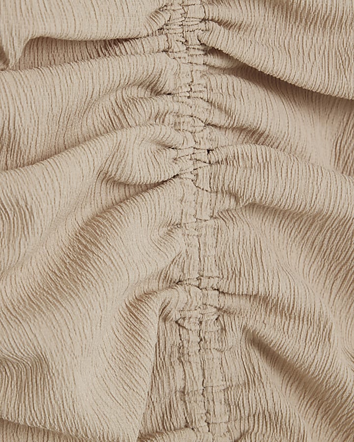 Beige Sleeveless Ruched Textured Midi Dress