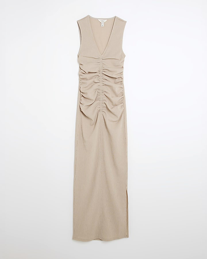 Beige Sleeveless Ruched Textured Midi Dress