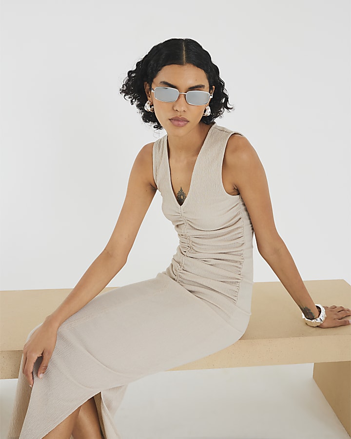 Beige Sleeveless Ruched Textured Midi Dress