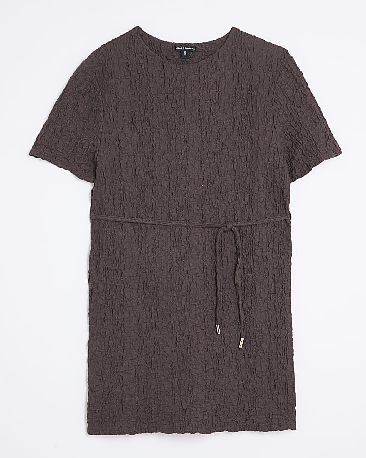 Brown Short Sleeve Textured T-shirt Dress