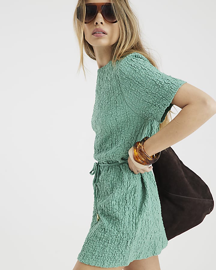 Green Short Sleeve Textured T-shirt Dress