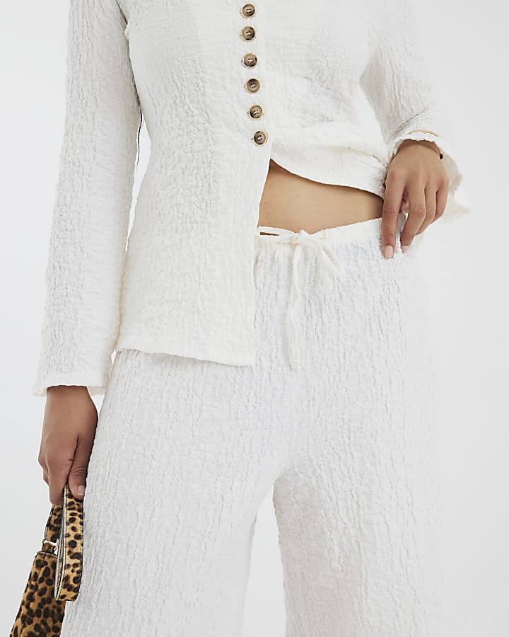 Cream Textured Wide Leg Trousers