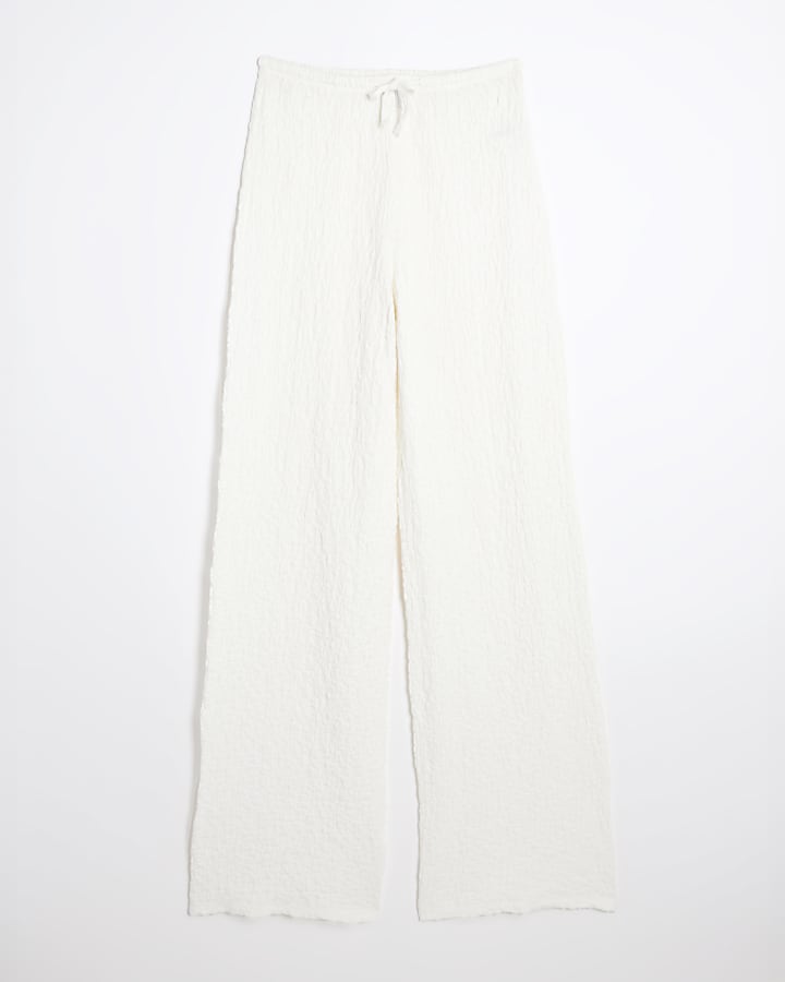 Cream Textured Wide Leg Trousers