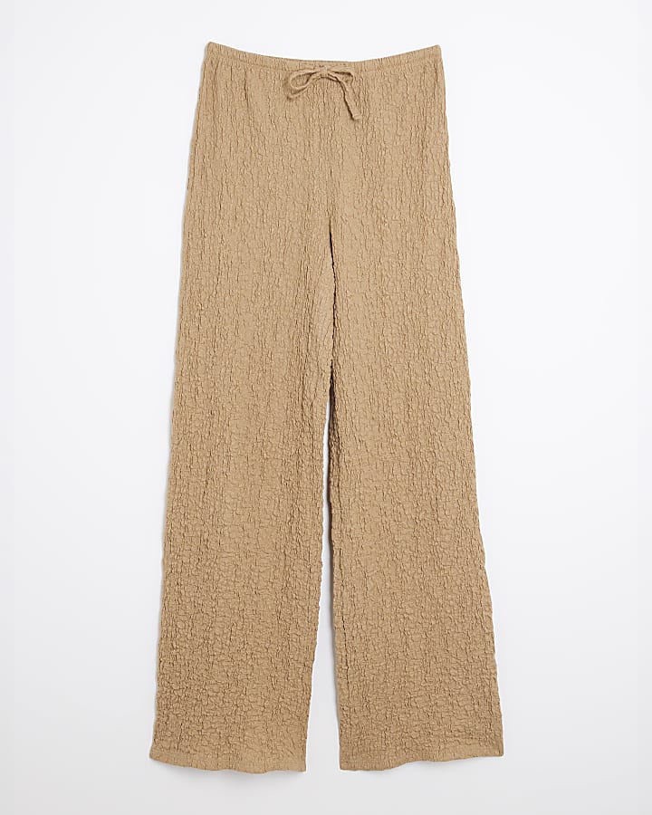 Beige Textured Wide Leg Trousers