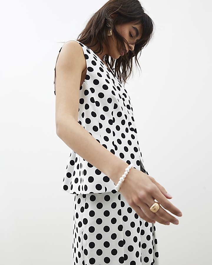 White Polka Dot Linen Blend Waistcoat