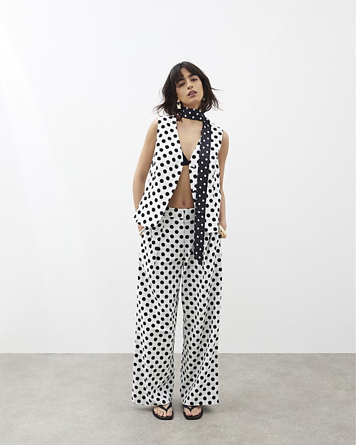 White Polka Dot Linen Blend Waistcoat