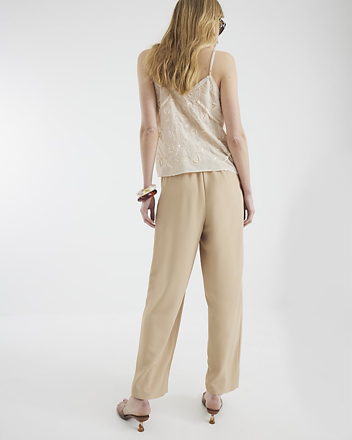 Beige Pleat Front Straight Leg Trousers