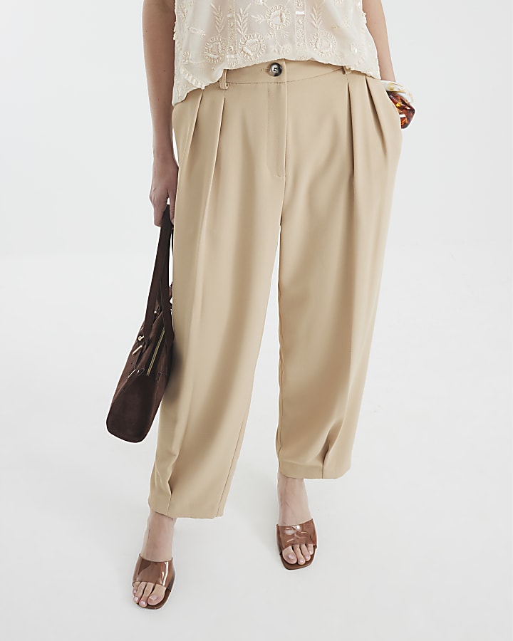 Beige Pleat Front Straight Leg Trousers