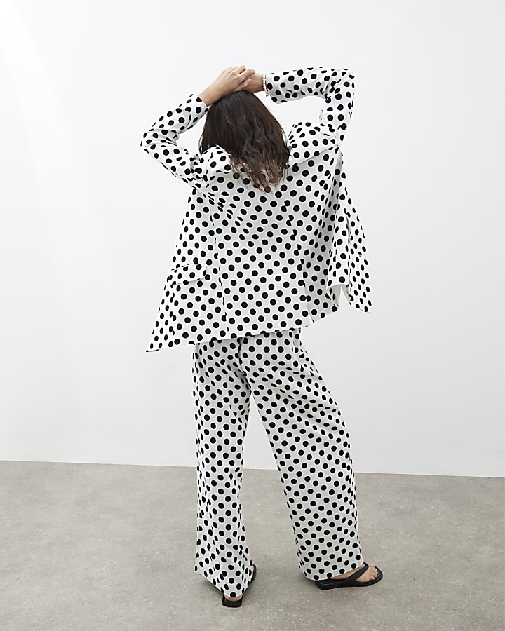 White Polka Dot Linen Blend Oversized Blazer
