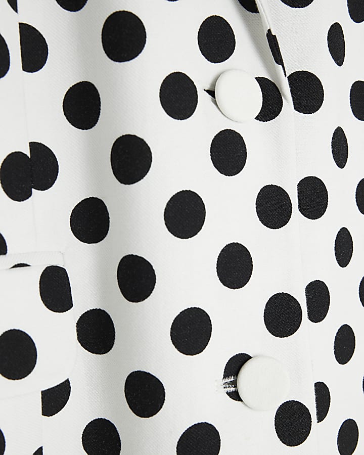White Polka Dot Linen Blend Oversized Blazer