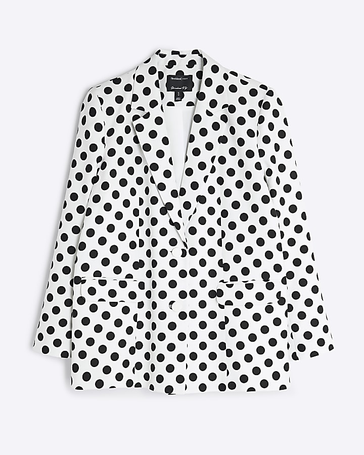 White Polka Dot Linen Blend Oversized Blazer