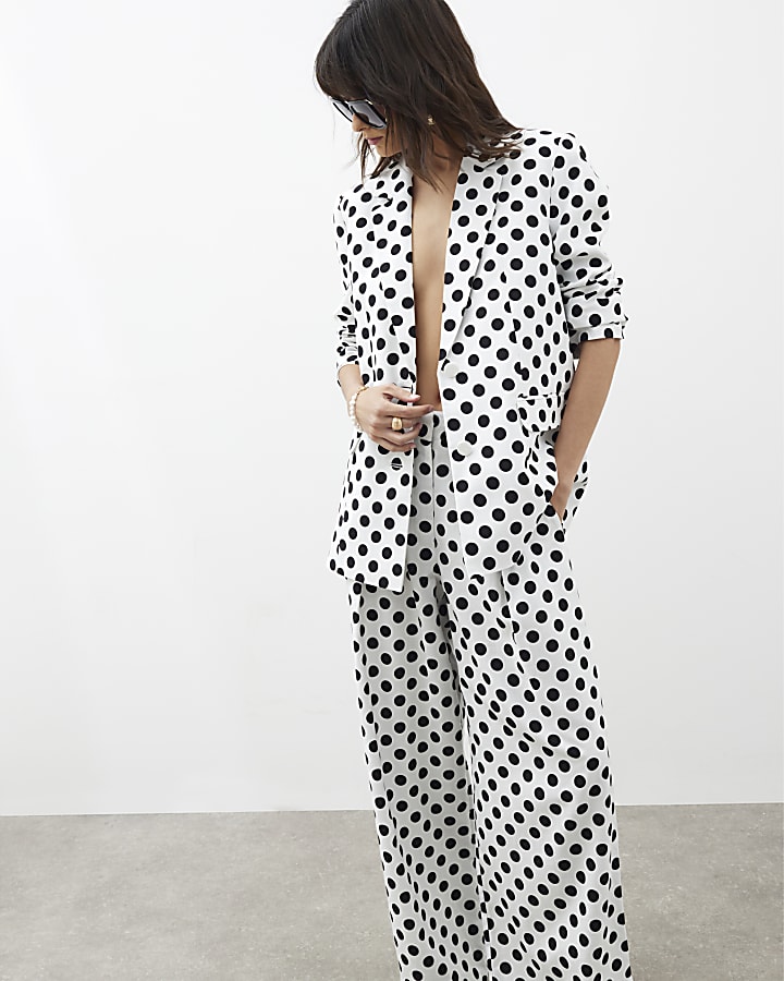 White Polka Dot Linen Blend Oversized Blazer