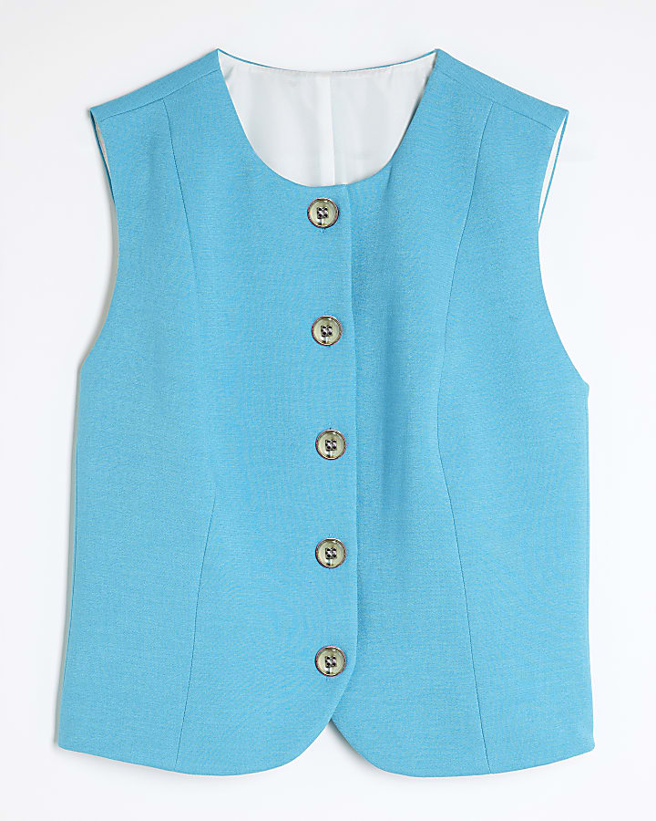 Blue High Neck Fitted Waistcoat