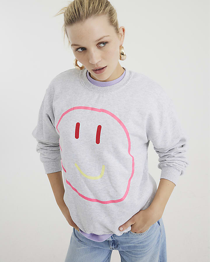 Grey Long Sleeve Smiley Face Sweatshirt