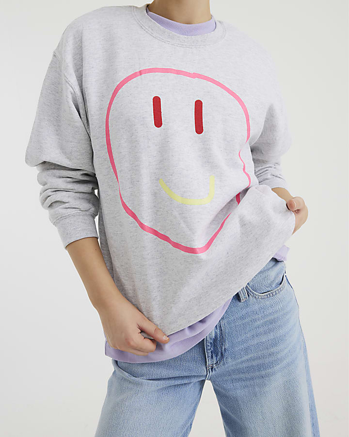 Grey Long Sleeve Smiley Face Sweatshirt