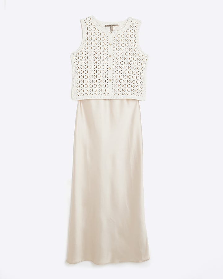 Cream Crochet Waistcoat Hybrid Midi Dress