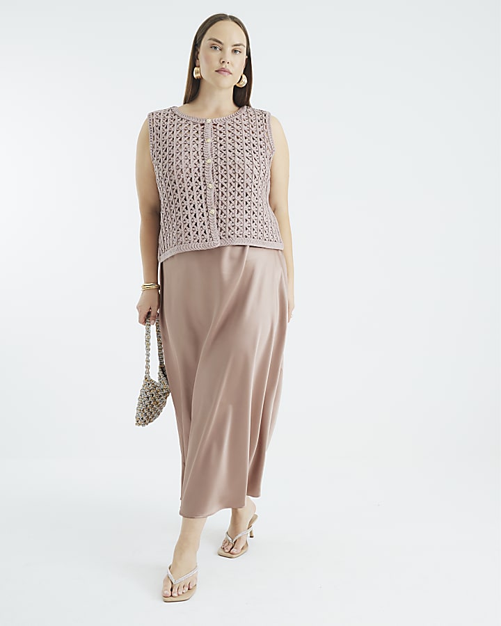 Beige Crochet Waistcoat Hybrid Midi Dress