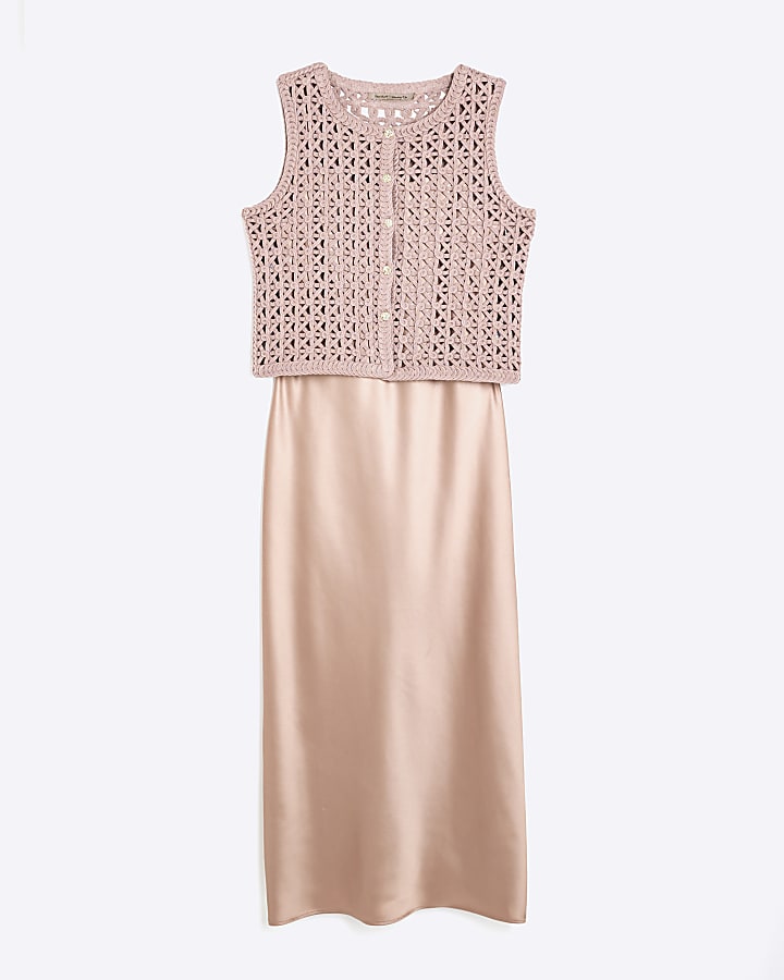 Beige Crochet Waistcoat Hybrid Midi Dress