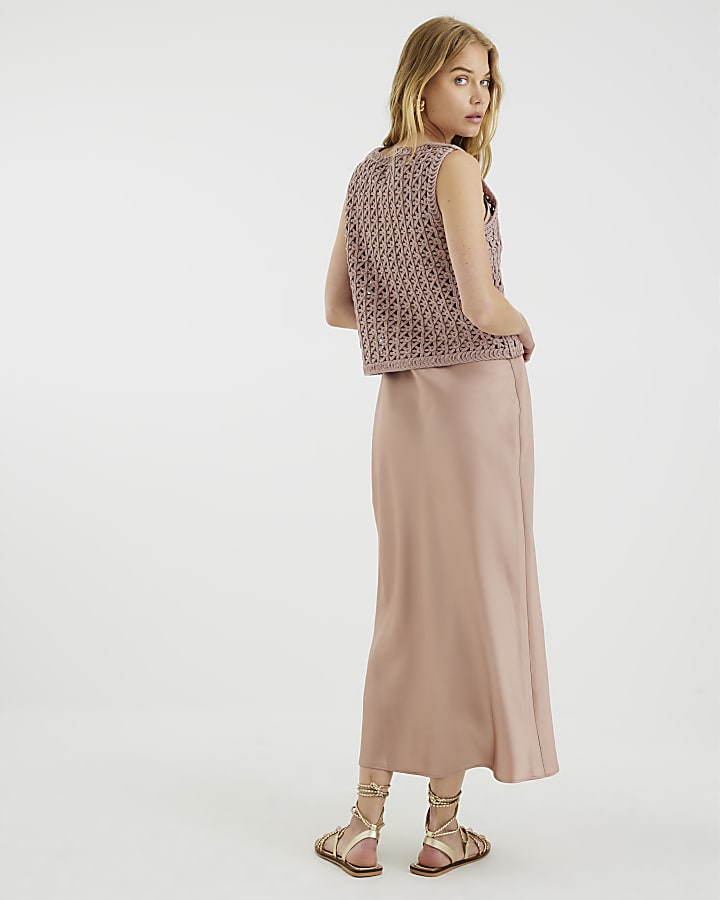 Beige Crochet Waistcoat Hybrid Midi Dress
