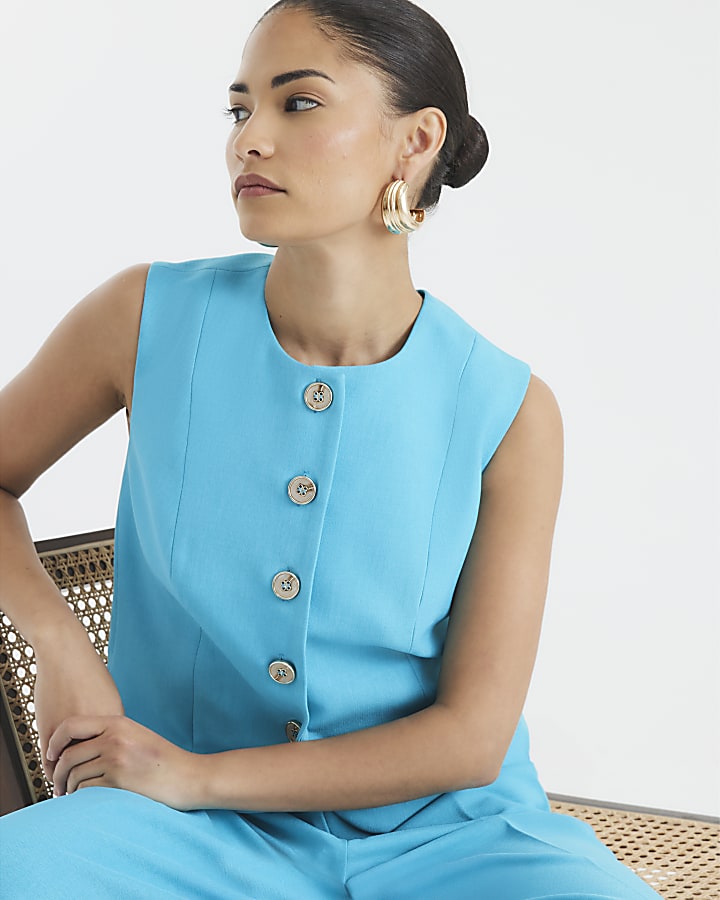 Petite Blue High Neck Fitted Waistcoat