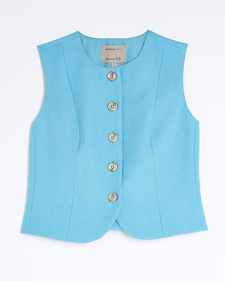 Petite Blue High Neck Fitted Waistcoat